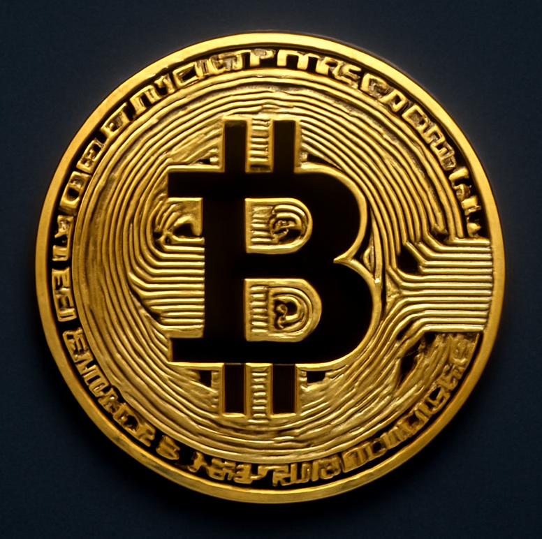 Golden Bitcoin coin close-up.
