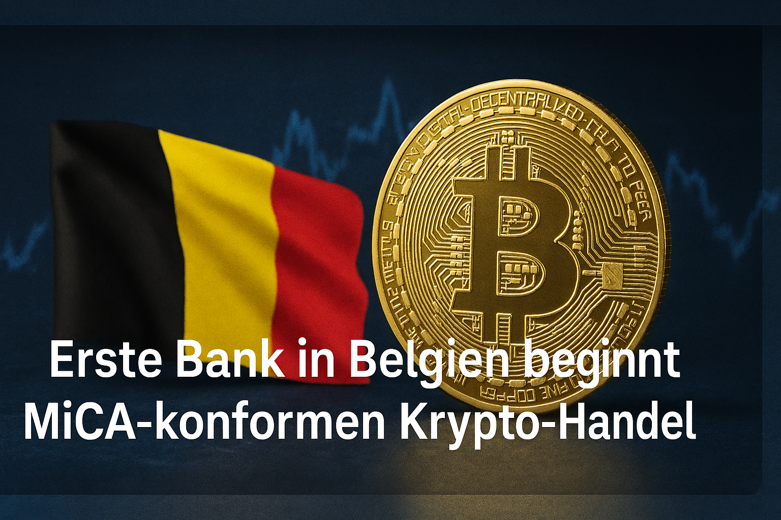 Minimalist 16:9 graphics with exactly 1.5 cm wide borders at the top and bottom. Serious banking aesthetics, very subtle Belgian colors, clear lines, modern financial look. No coins, no cluttered elements. Text only in the lower third of the image, extremely small: "Belgian Bank starts MiCA-Trade".